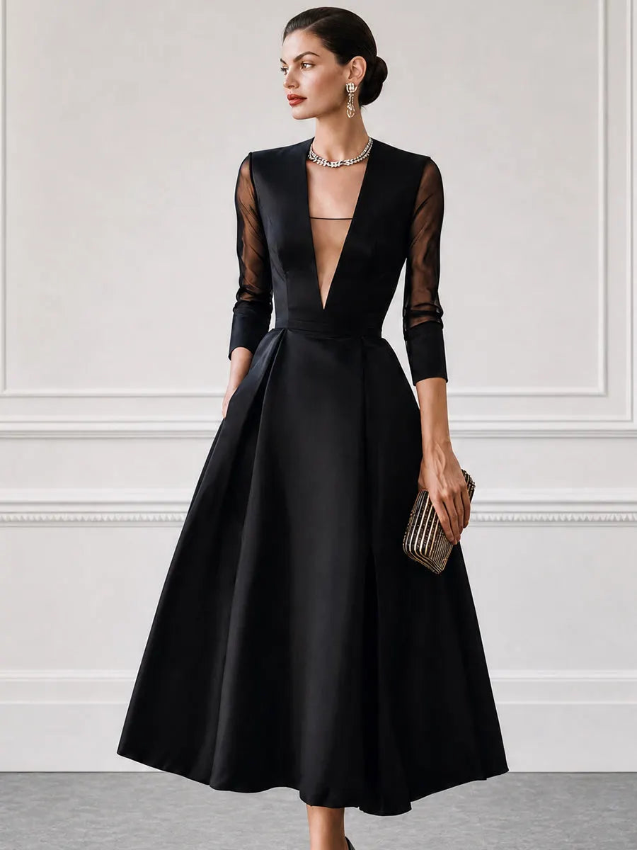 Satin Plunge-Neck Mesh-Sleeve Fit-and-Flare Midi Dress