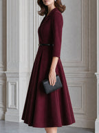 Belted Blazer Collar 3/4 Sleeve Fit-and-Flare Midi Dress