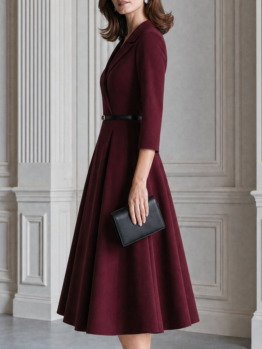 Belted Blazer Collar 3/4 Sleeve Fit-and-Flare Midi Dress