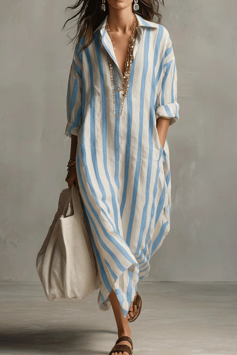 Casual Striped Shirt Bohemian Style Maxi Dress