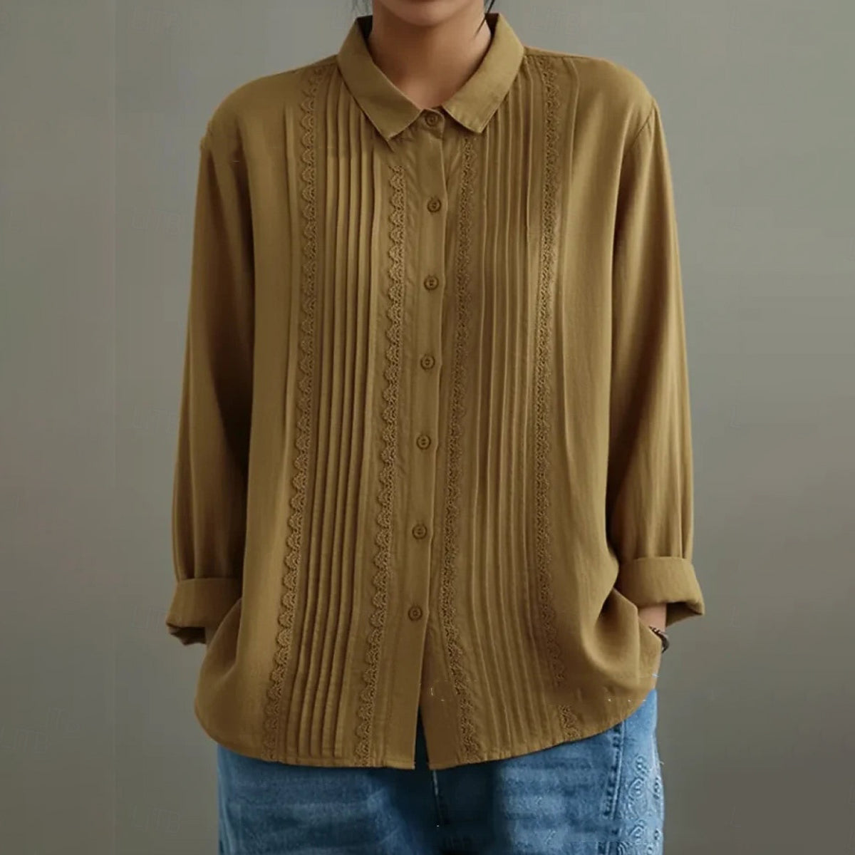 Women's Casual Shirt Button Up Lace Linen Blend Blouse