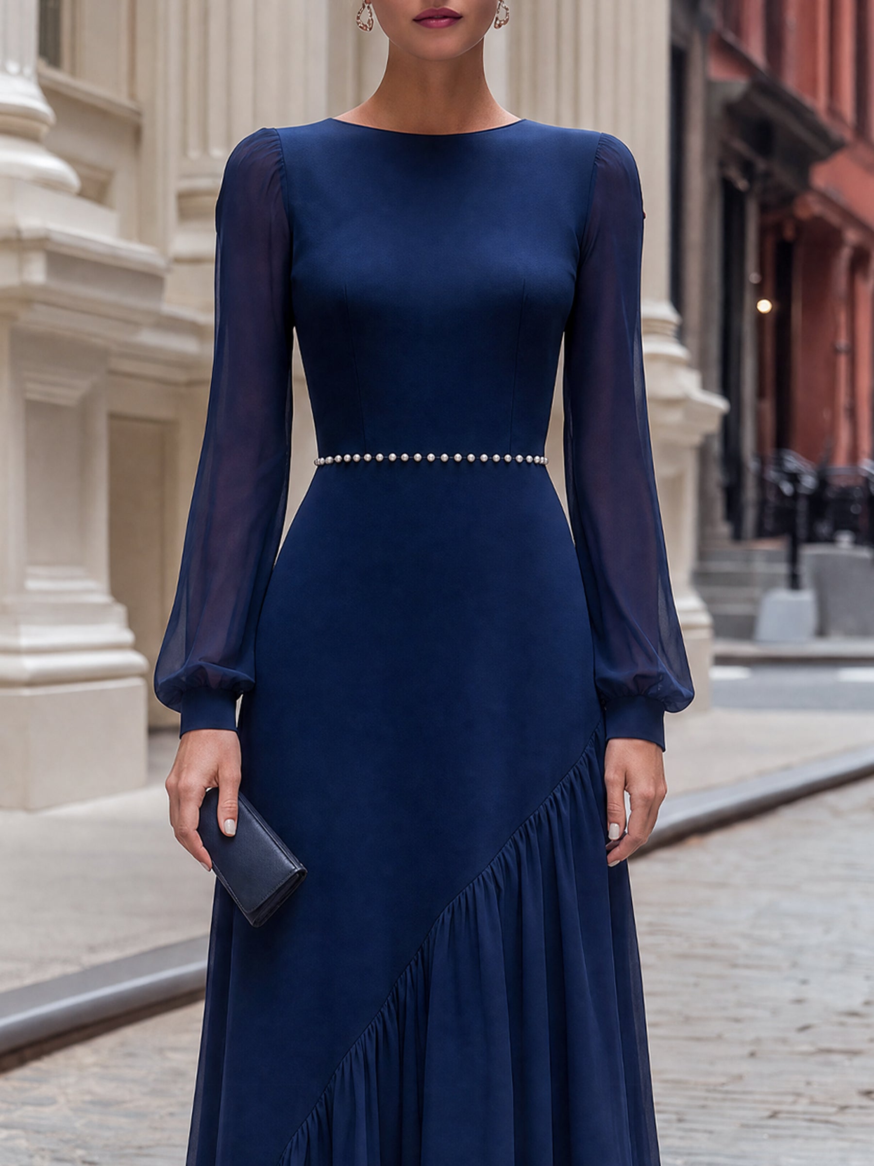 Pearl-Trimmed Asymmetric Chiffon Long Dress