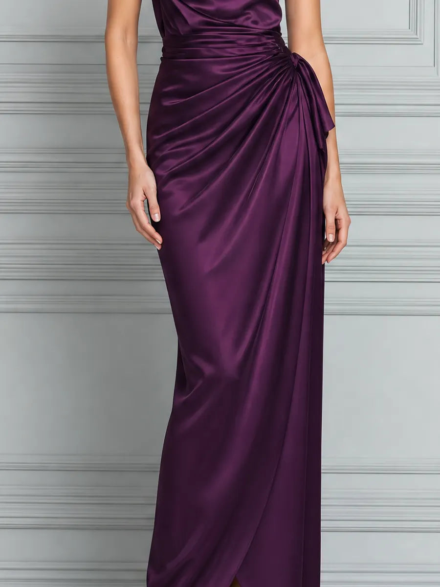 Purple Dress Fall Wedding Guest Dress Draped Satin Maxi Dress
