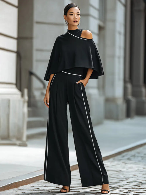 Asymmetric Cut-Out Cape Top With Wide-Leg Tailored Pants Set