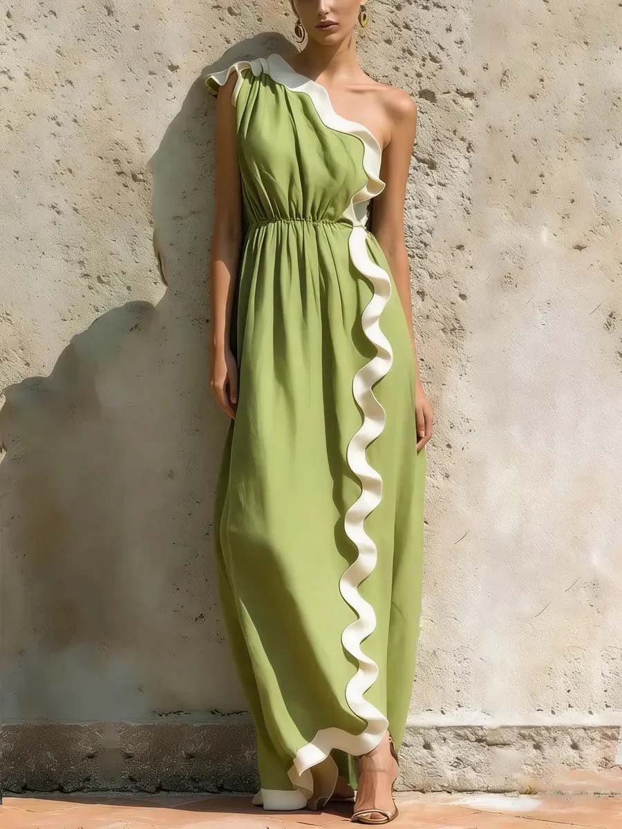 Women's Ruffled Art Casual Stylish Patchwork Vacation Maxi Dress