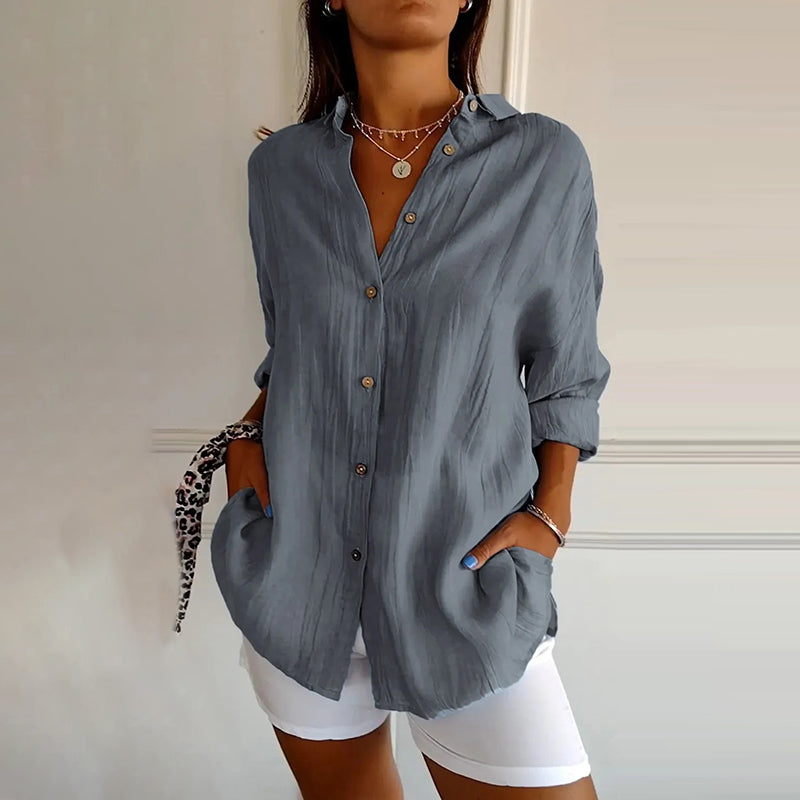 Casual Single Breasted Pleated Lapel Solid Color Cotton Linen Shirt
