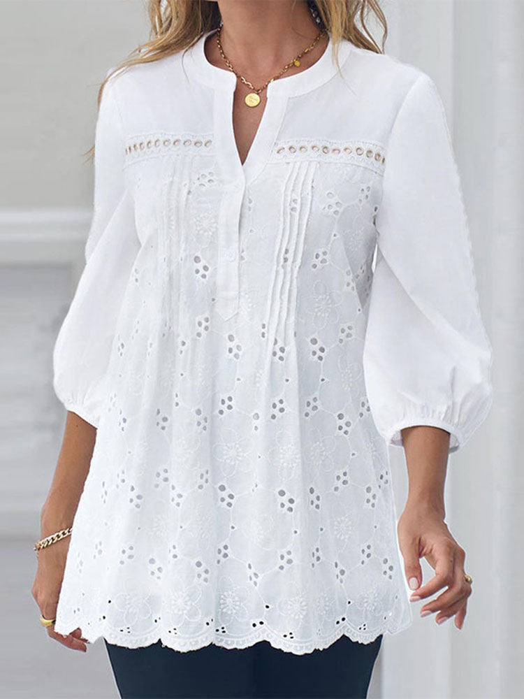 Women's Lace Openwork Lantern Sleeve Blouse