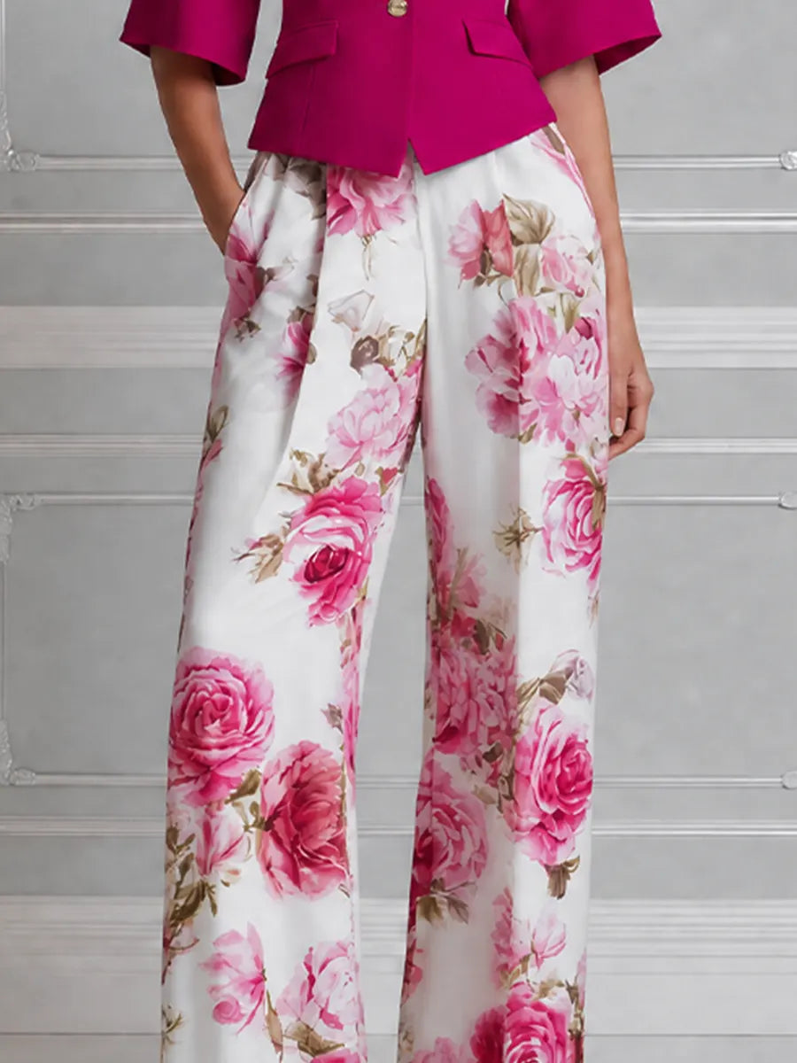 Fuchsia Cropped Blazer & Pink Rose Wide Leg Trousers Set