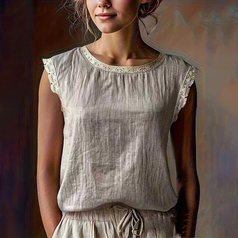 Retro Loose Solid Color Round Neck Lace Patchwork Sleeveless T-shirt
