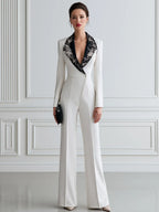 Embellished Contrast Lapel Tailored Wide-Leg Jumpsuit