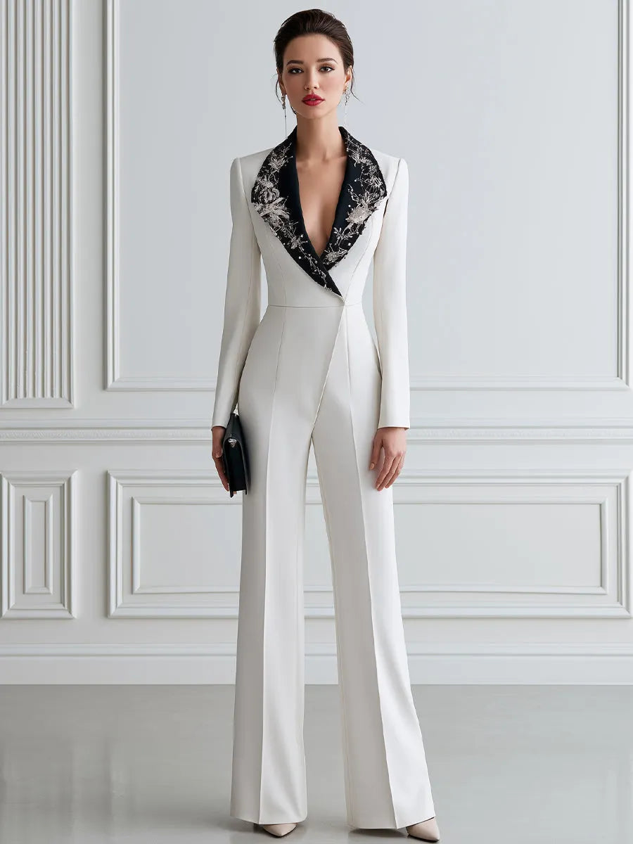 Embellished Contrast Lapel Tailored Wide-Leg Jumpsuit