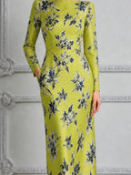Chartreuse Floral Print Square Neck Pencil Midi Dress