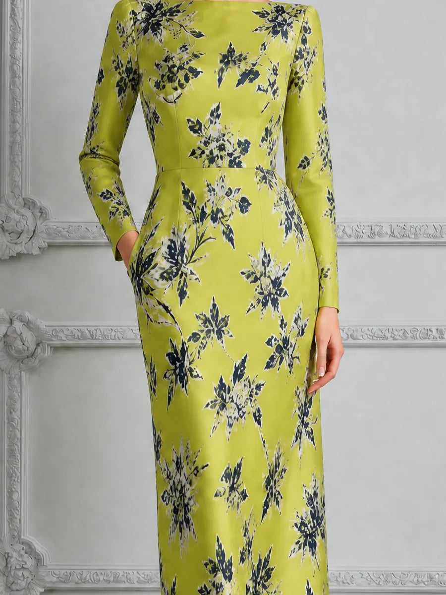 Chartreuse Floral Print Square Neck Pencil Midi Dress