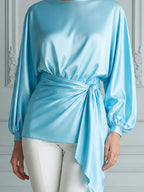 Sky Blue Satin Draped Tie Waist Blouse