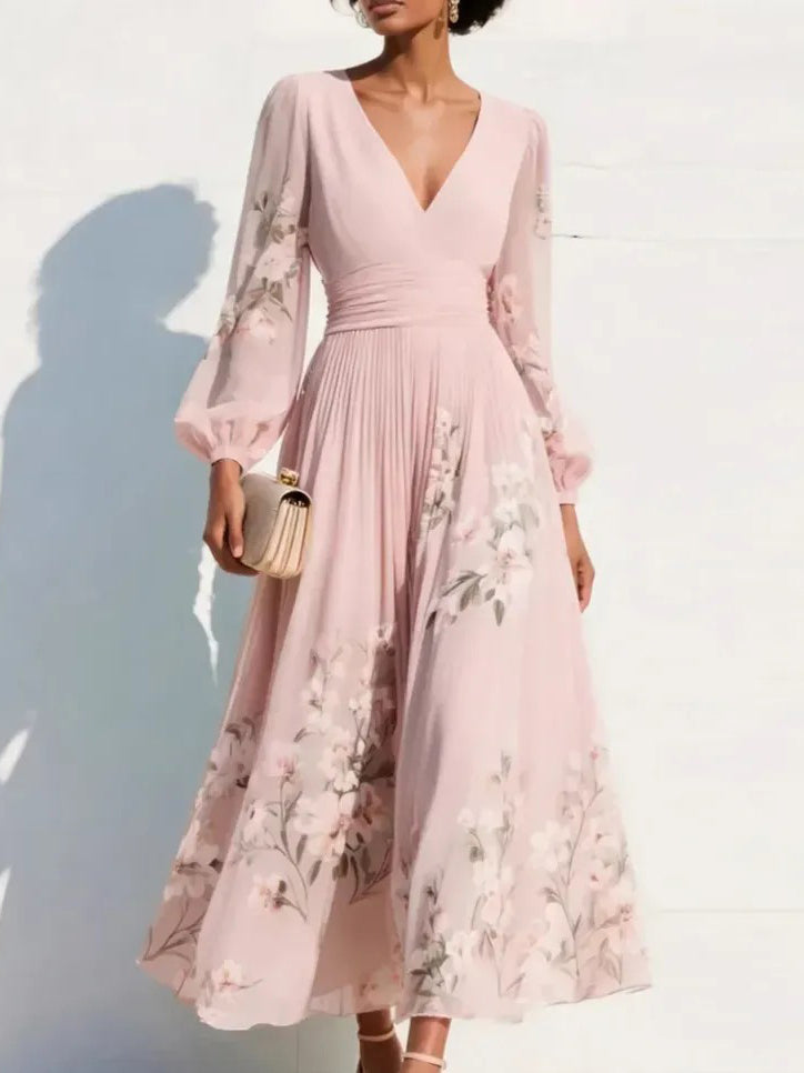 Romantic Floral Print V-neck Midi Dress