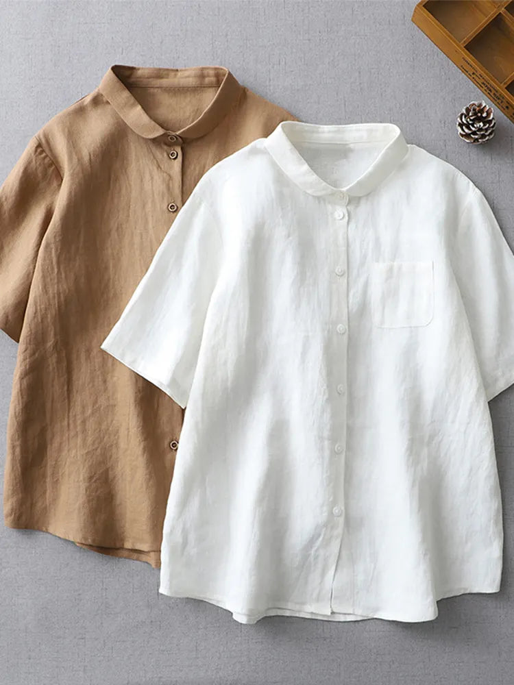 Simple Basic Short Sleeve Linen Blend Shirt