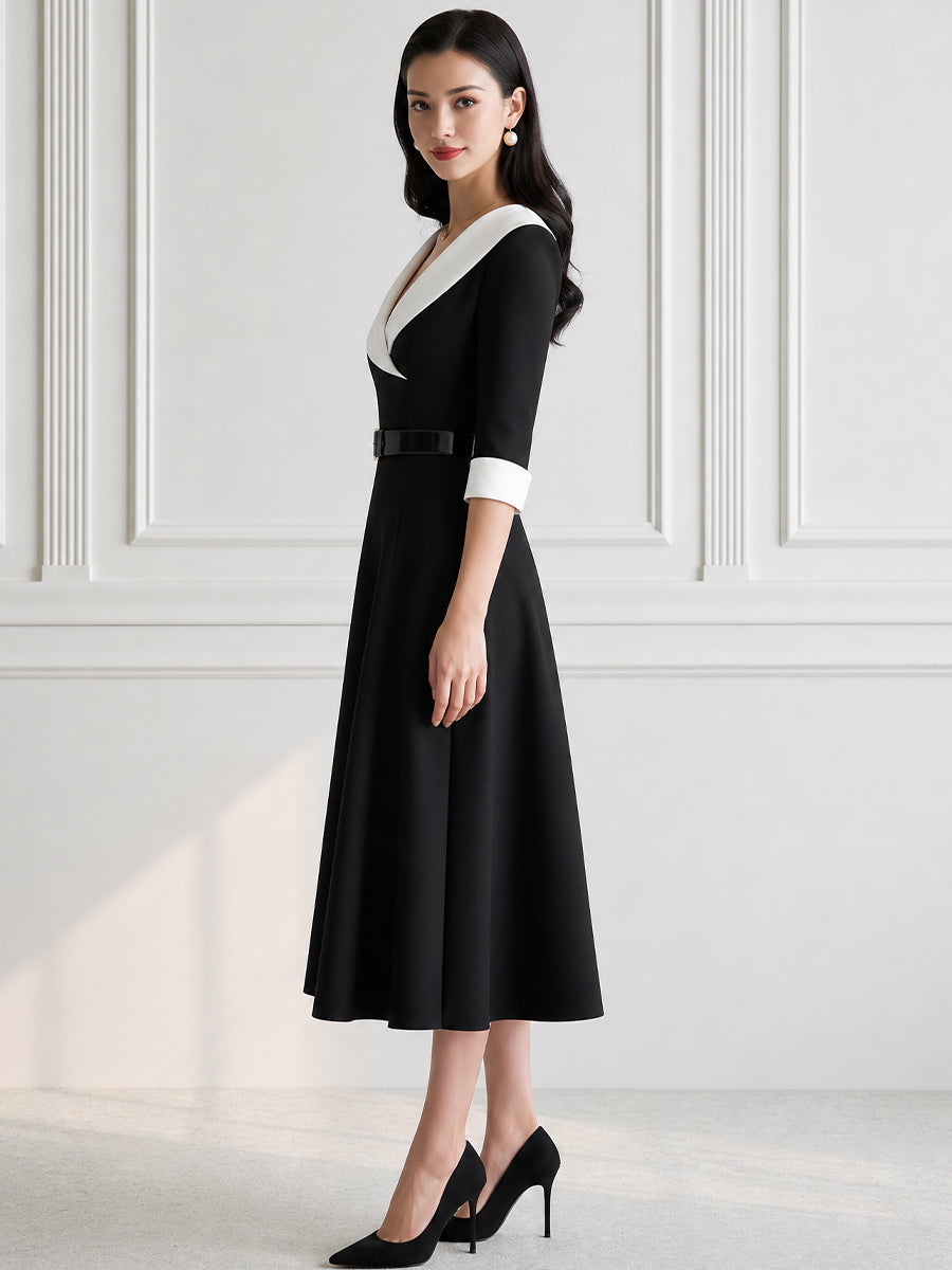Elegant Contrast Collar Belted A-Line Midi Dress with 3/4 Sleeves
