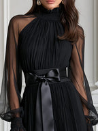 Pleated Sheer Long Sleeve Satin Belt Maxi Evening Dress