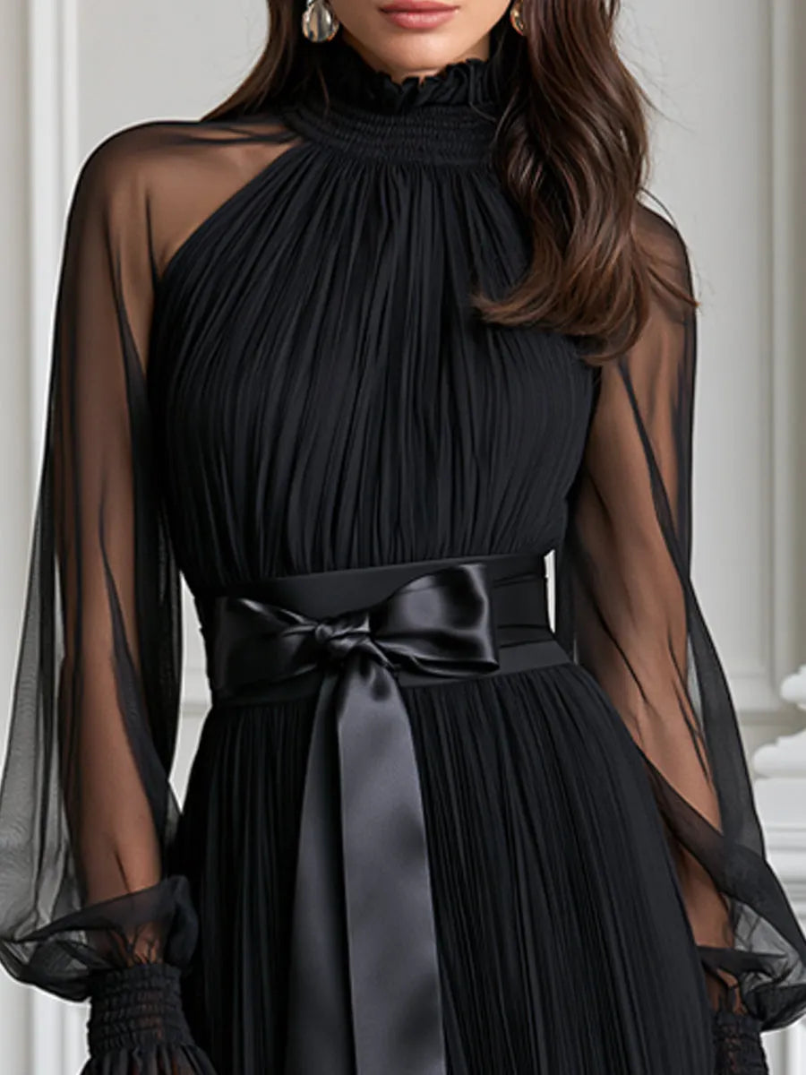Pleated Sheer Long Sleeve Satin Belt Maxi Evening Dress