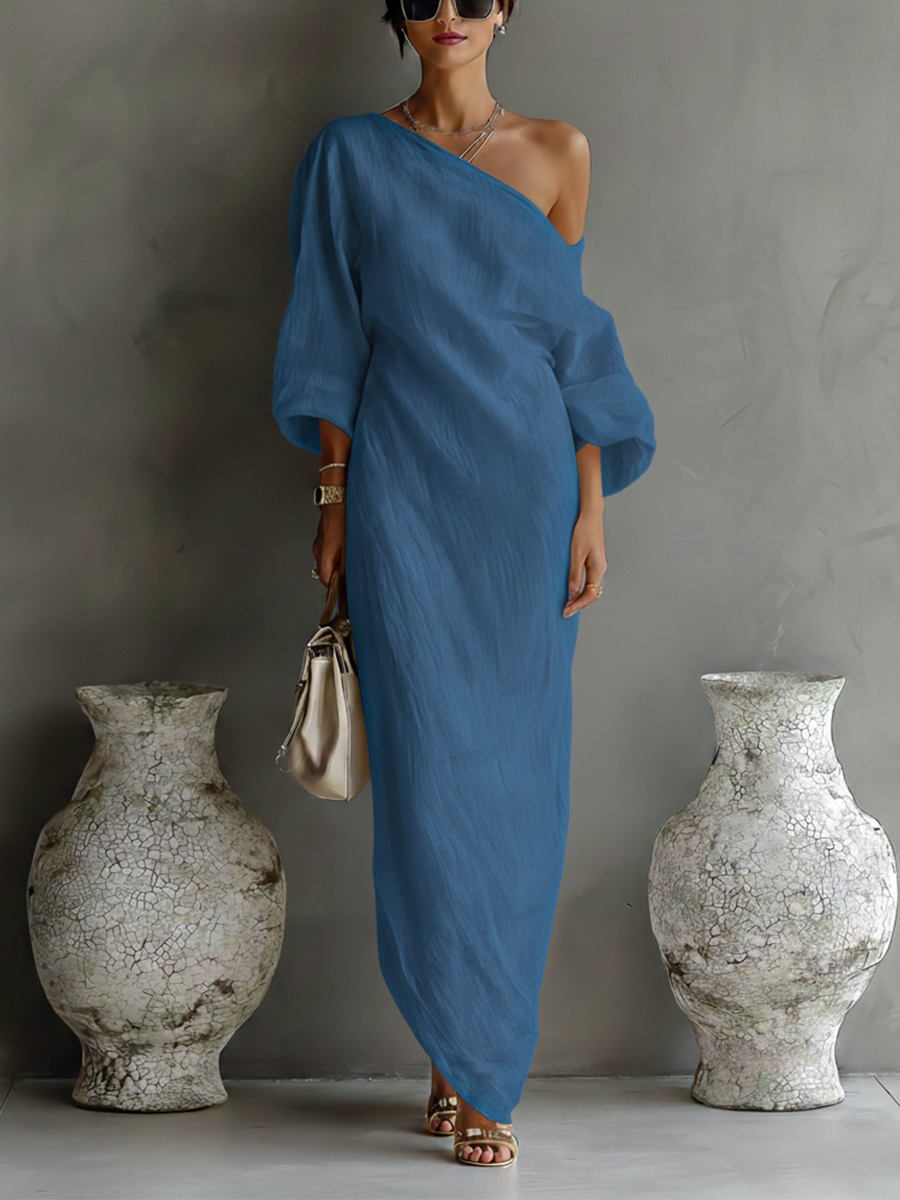 Women's Ivory White Cotton-Linen Blend One-Shoulder Flowing Elegant Dress