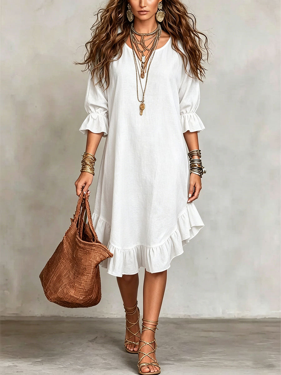 Women's Casual Loose-fitting Round Neck Ruffles Linen And Cotton Short-sleeved Dress