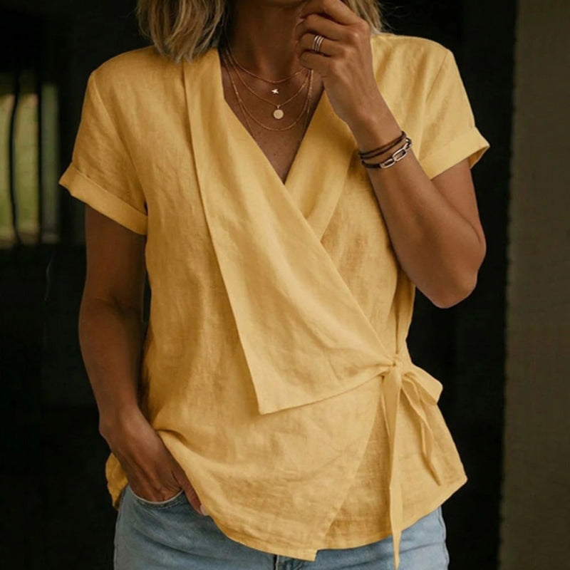 Women's Solid Color Short Sleeve Linen Blend Shirt