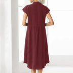 Stand Up Collar Button Down Cotton And Linen Dress With A Pocket