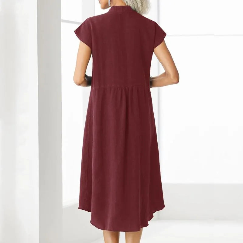 Stand Up Collar Button Down Cotton And Linen Dress With A Pocket