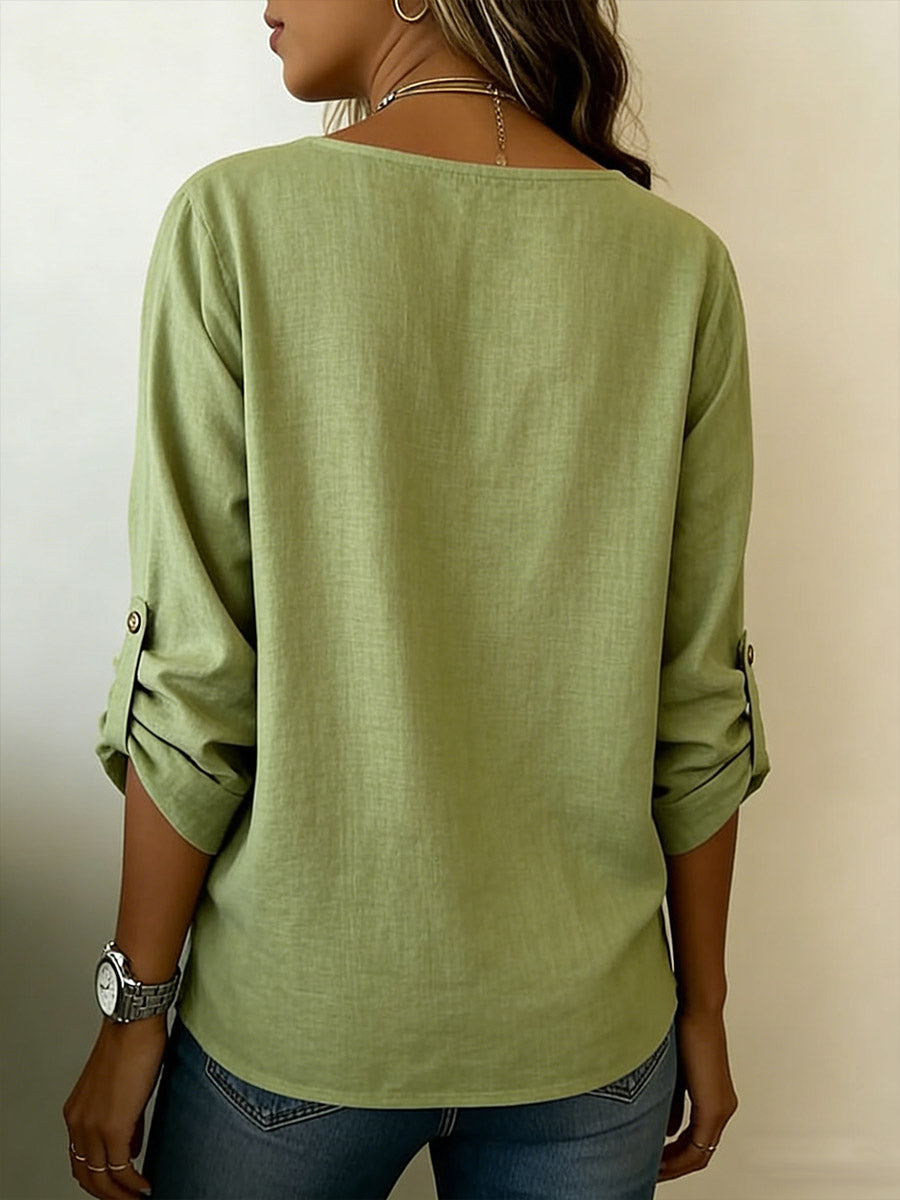 Women's Solid Color Round Neck Long-sleeved Casual Loose Cotton And Linen Top