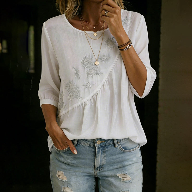 Women's Vintage Floral Embroidery Irregular Pleated Design Linen T-shirt
