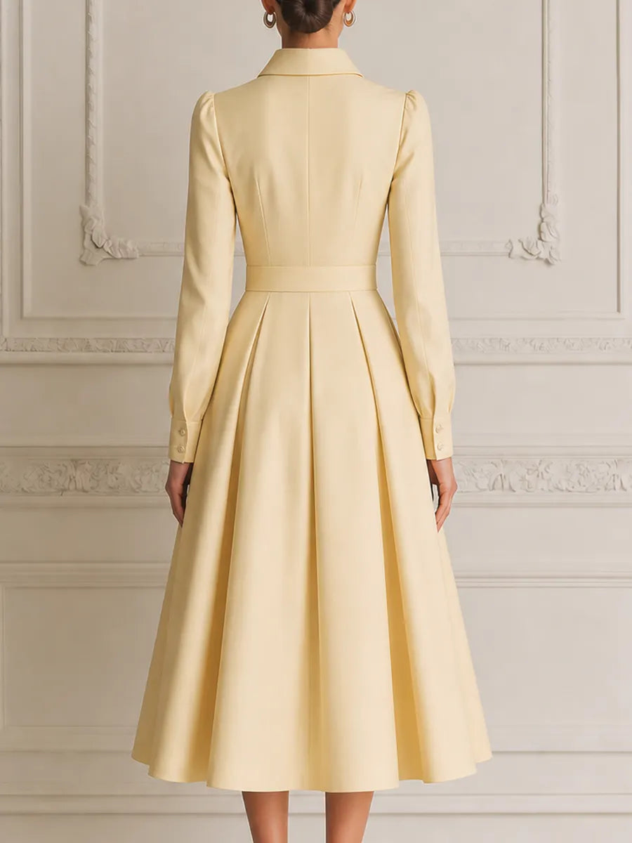 Pale Yellow Pointed Collar Long Sleeve Crystal Belted Pleated A-Line Shirt Midi Dress