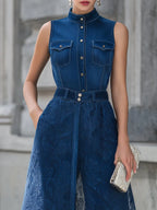 Sleeveless Denim Top And Lace Skirt Overlay Shorts Two-Piece Set