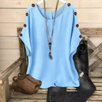 Women's Solid Color Round Neck Loose Button Design T-shirt