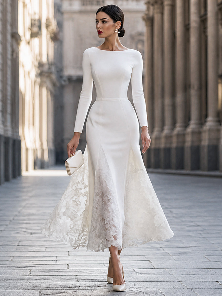 Elegant Long Sleeve Lace Splicing Mermaid Maxi Dress
