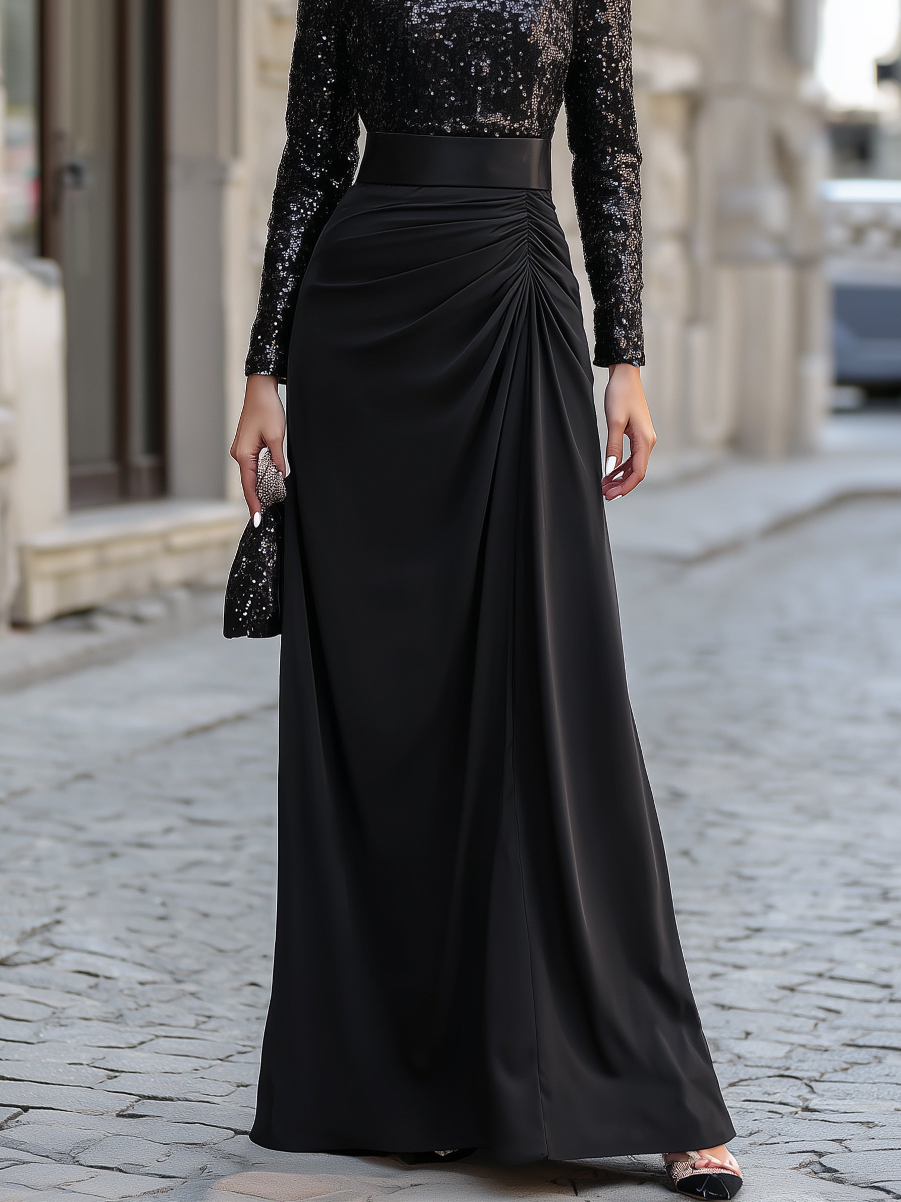 Sequin Spliced Ruched Maxi Gown