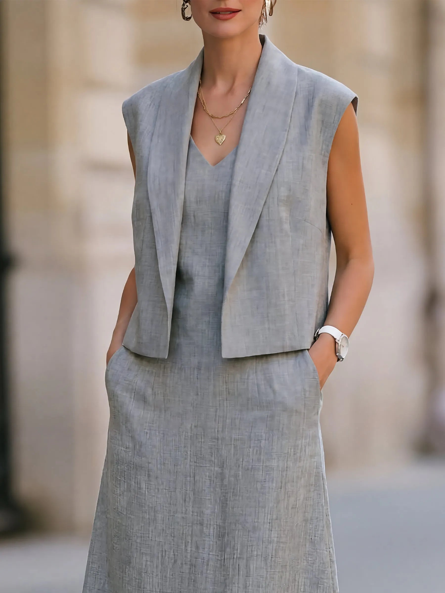 V-Neck Sleeveless Midi Dress & Matching Vest Tailored Set