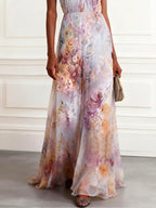 Light Purple Floral Chiffon Halter Neck Pleated Sleeveless Maxi Dress
