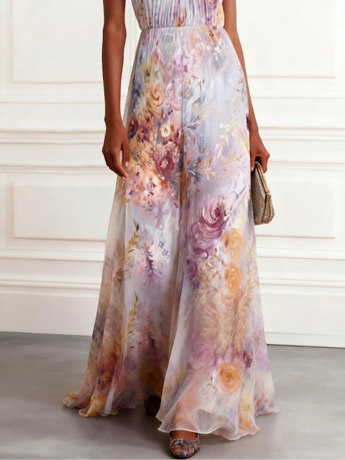 Light Purple Floral Chiffon Halter Neck Pleated Sleeveless Maxi Dress