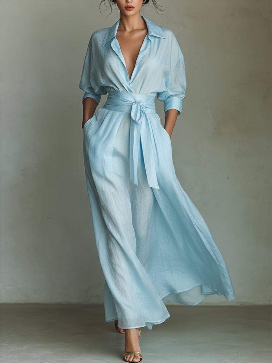 Waist-cinching Shirt-style Maxi Linen And Cotton Dress