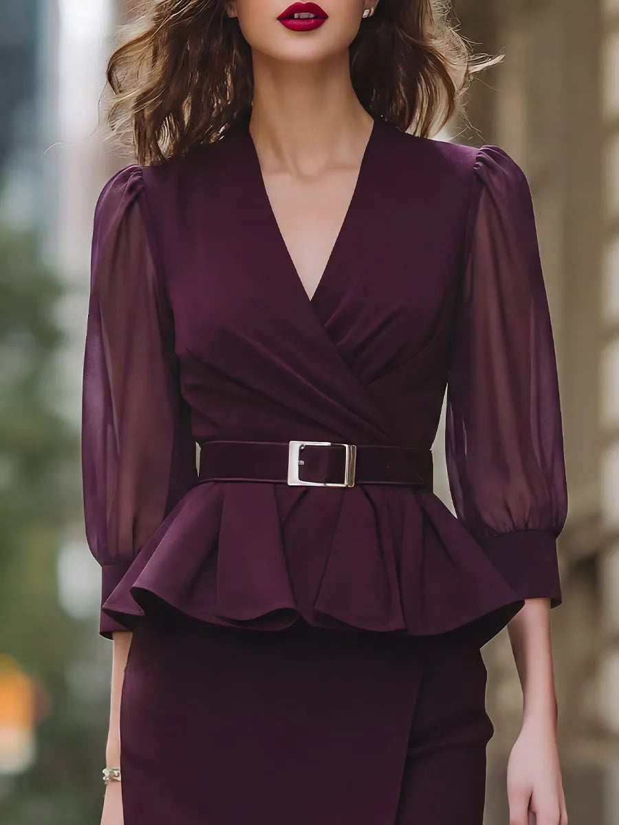 Belted Peplum Wrap Blouse & Asymmetric Pencil Skirt Set