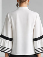 White Preppy Contrast Stripe Bell Sleeve Blouse