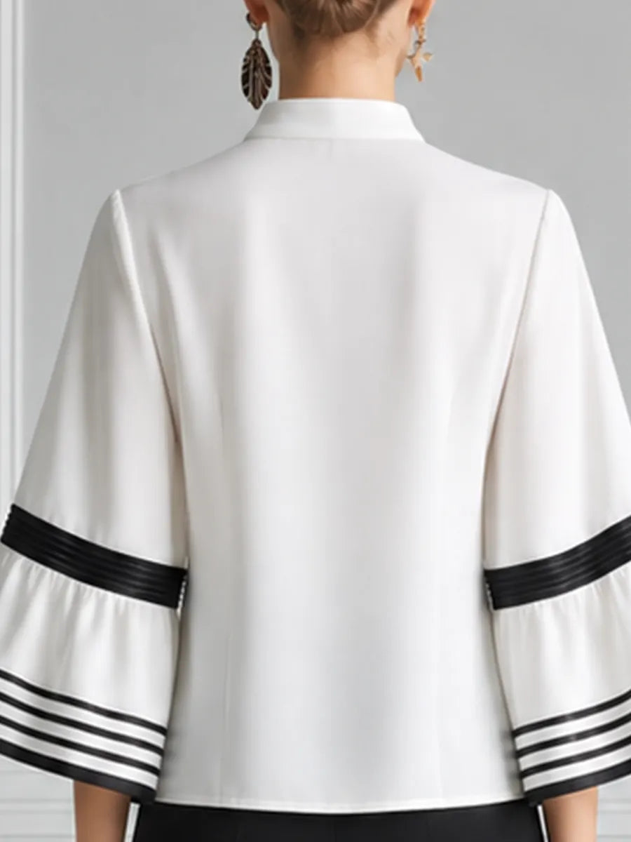 White Preppy Contrast Stripe Bell Sleeve Blouse
