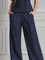 Navy Polka Dot Short Sleeve Blazer & Wide Leg Trousers Set