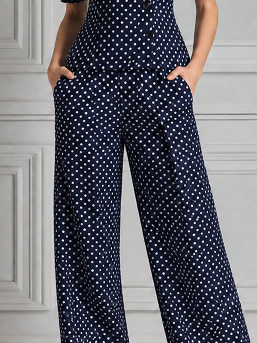 Navy Polka Dot Short Sleeve Blazer & Wide Leg Trousers Set