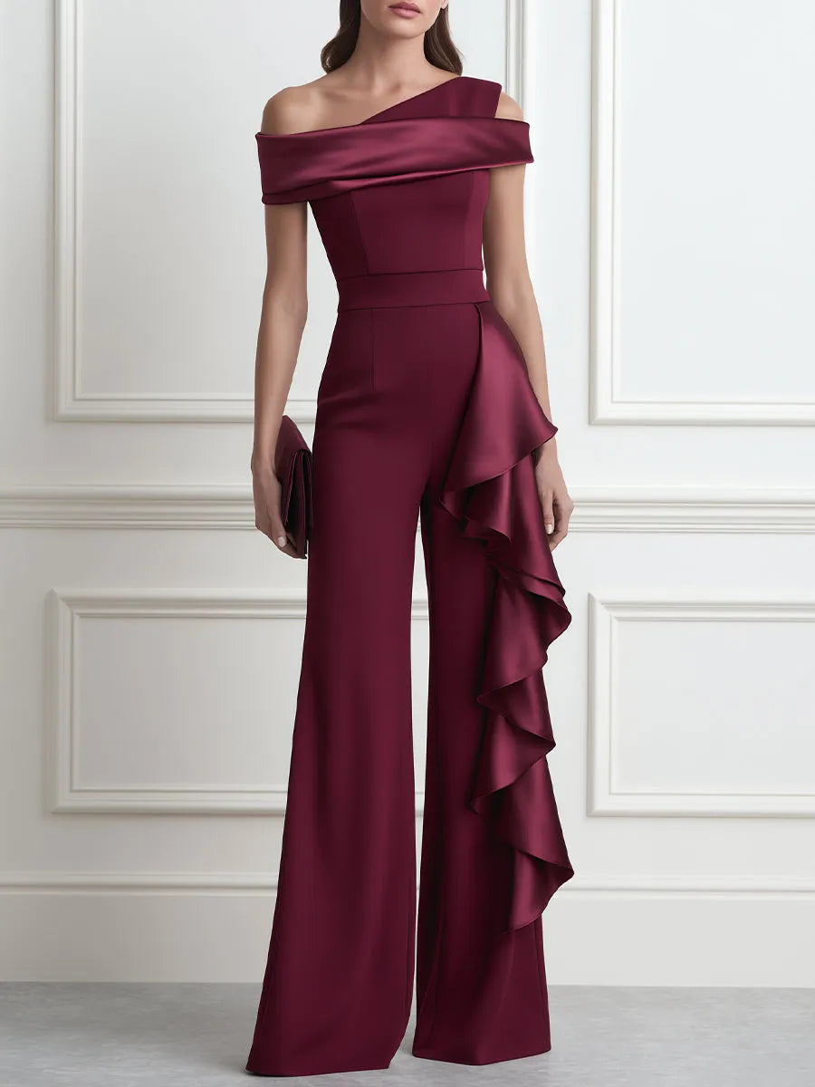 Asymmetric One-Shoulder Cascading Ruffle Satin Wide-Leg Jumpsuit