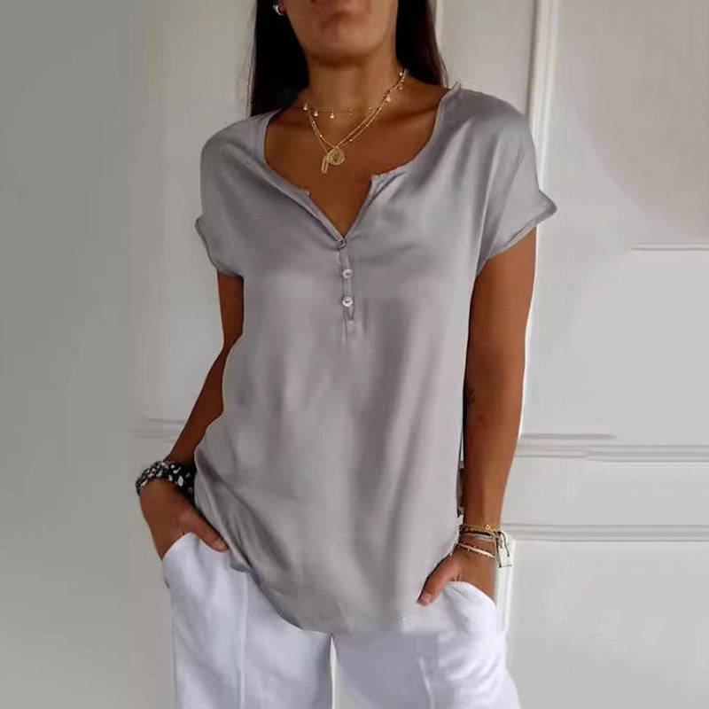 Casual Solid Color V-Neck Button-Down Short-Sleeved Top