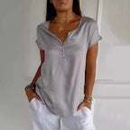 Casual Solid Color V-Neck Button-Down Short-Sleeved Top
