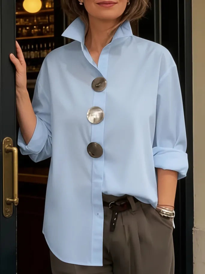 Elegant Stand-collar Metal Buttons Cotton Linen Blouse
