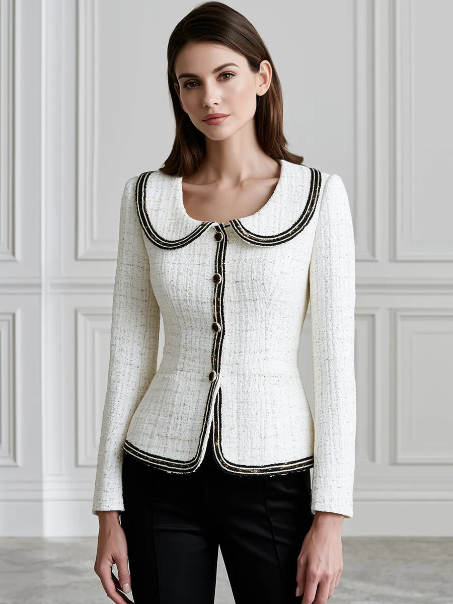 Contrast-Trim Peter Pan Collar Tweed Jacket