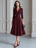 Belted Blazer Collar 3/4 Sleeve Fit-and-Flare Midi Dress